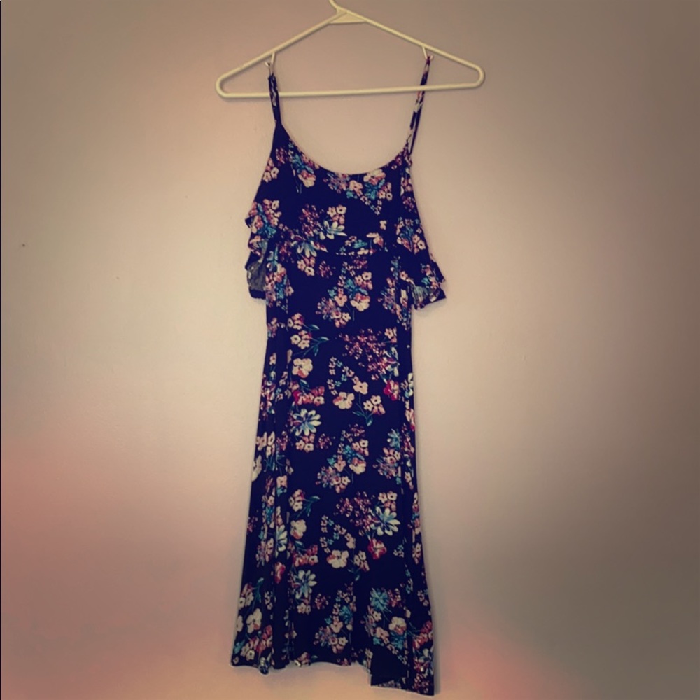 A black floral flowing dress